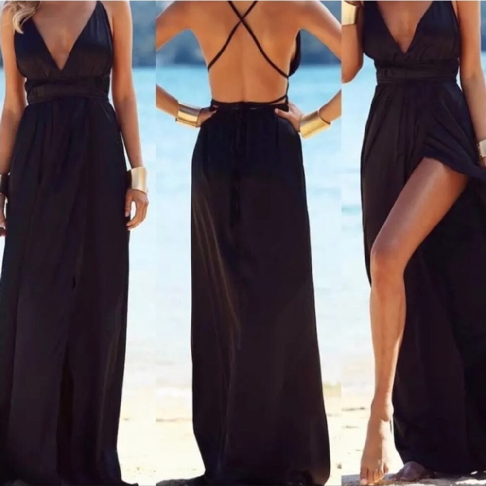 Black Satiny Maxi Dress with Dramatic Leg Slit - Picture 2 of 6